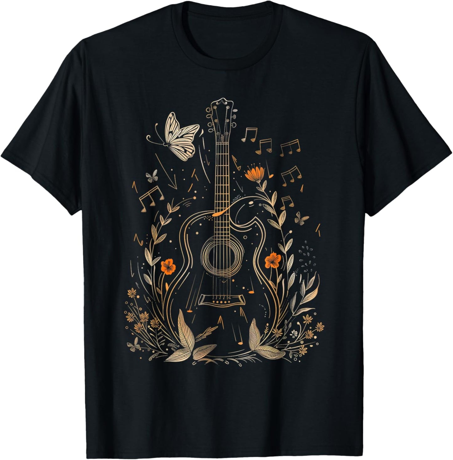 Guitar Player Acoustic Guitar Flowers Floral Art Guitarist T-Shirt - T-Shirt | Black