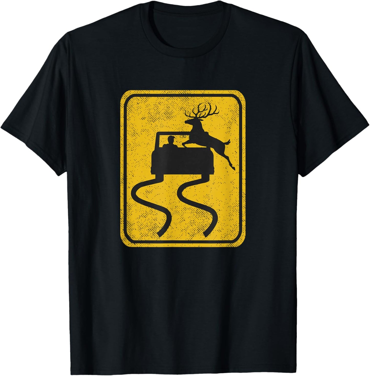 Swerving Car Meets Deer Crossing Vintage Road Sign T-Shirt - T-Shirt | Black