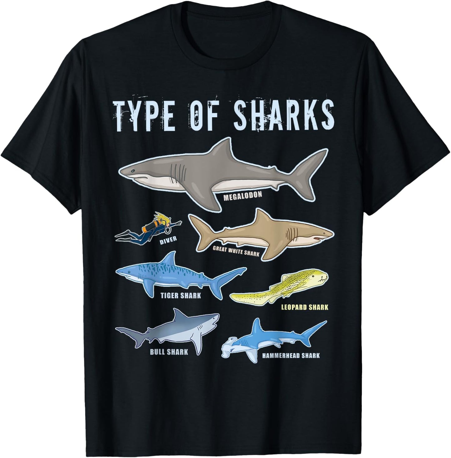 Scuba Shark Gifts HT Type of Sharks 6 Sharks Sea Creatures Cute Shark T-Shirt - T-Shirt | Black