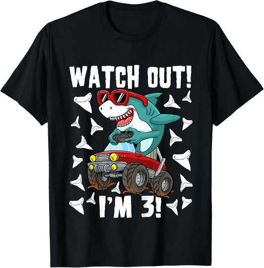 Kids 3 Years Old 3rd Birthday Shark Boy Girl Monster Truck Gamer T-Shirt - T-Shirt | Black