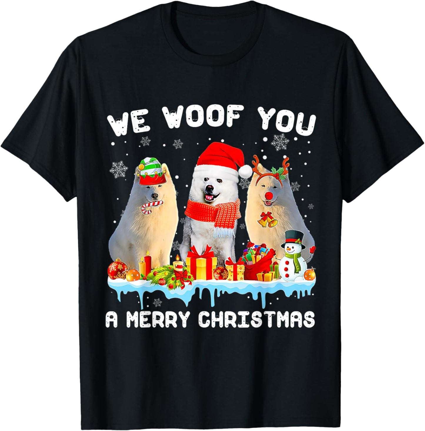 Funny Merry Woofmas American Eskimo Christmas Ornaments T-Shirt - T-Shirt | Black