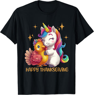Happy Thanksgiving Shirt Girls Fall Unicorn Hugging Turkey T-Shirt - T-Shirt | Black