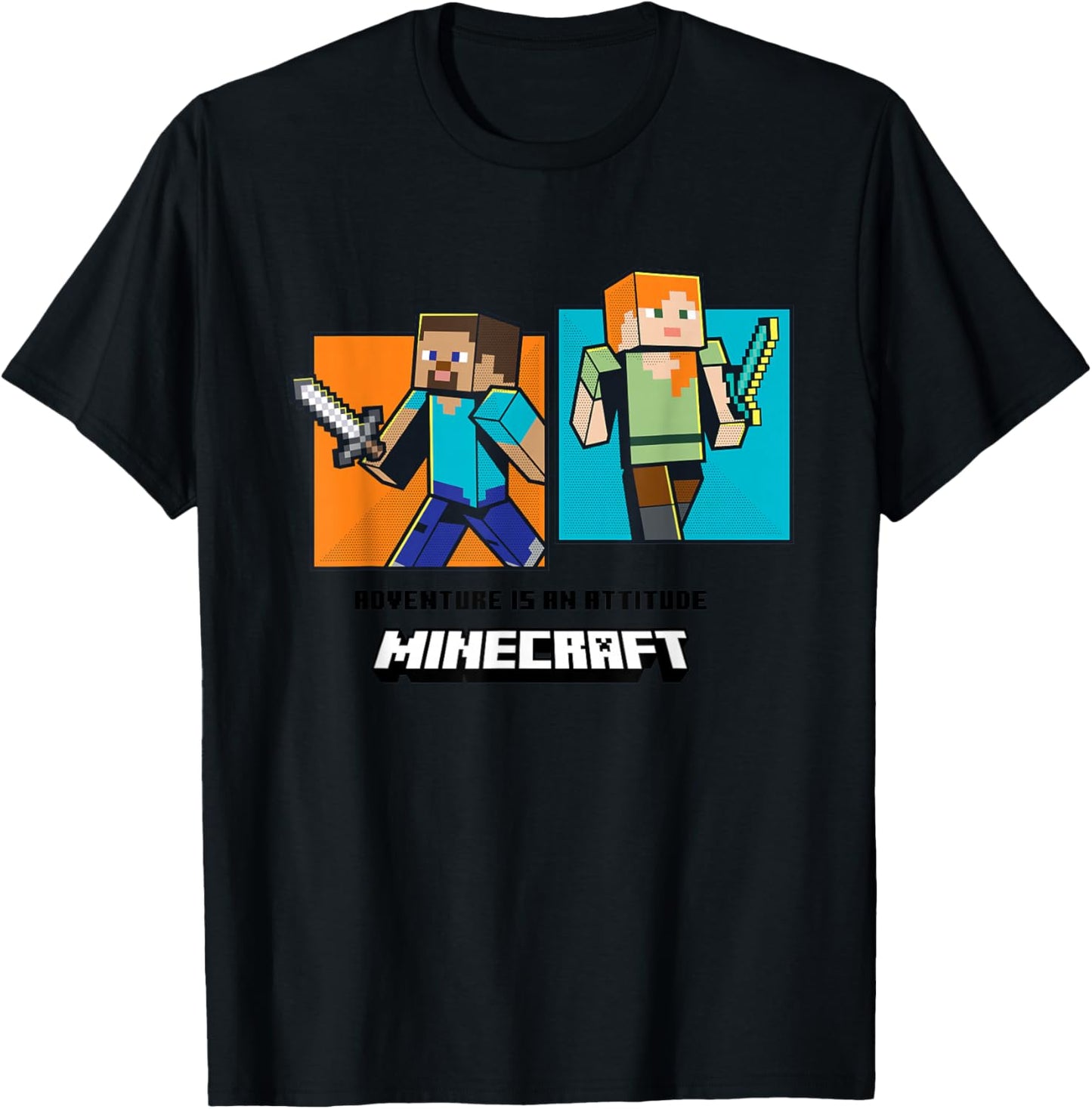 Minecraft Steve And Alex Pixel Hero Panels T-Shirt - T-Shirt | Black