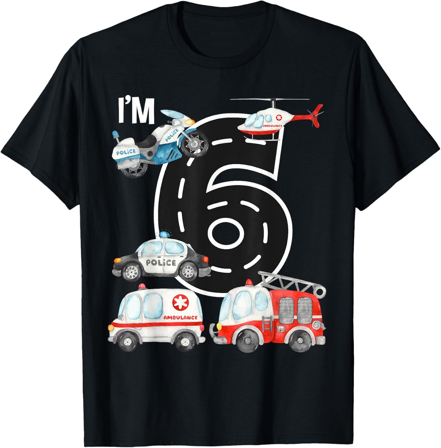 Emergency Vehicles 6th Birthday Fire Truck Police Car Boys T-Shirt - T-Shirt | Black