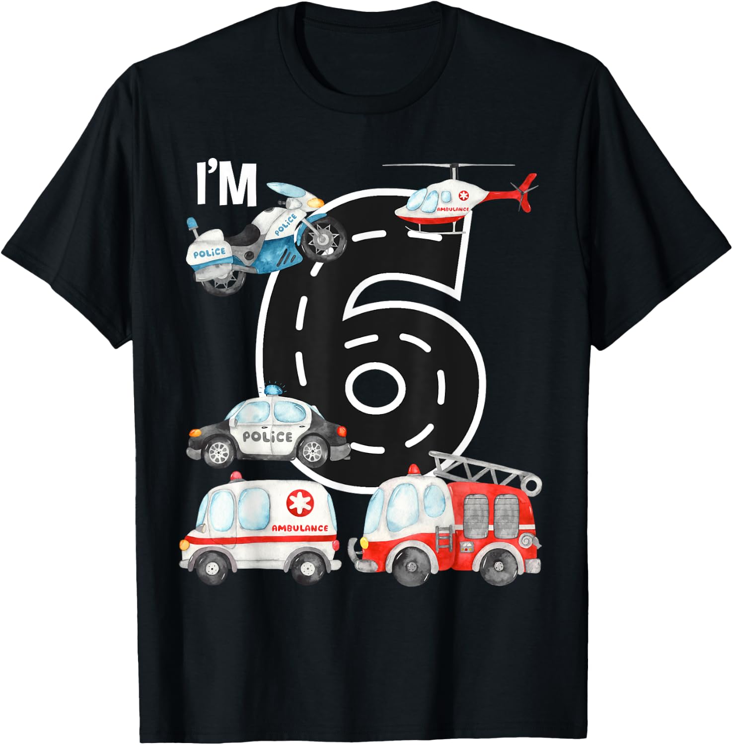 Emergency Vehicles 6th Birthday Fire Truck Police Car Boys T-Shirt - T-Shirt | Black