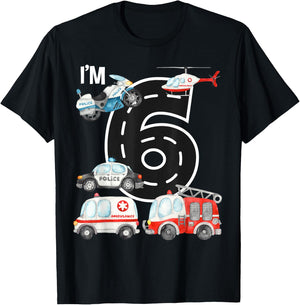 Emergency Vehicles 6th Birthday Fire Truck Police Car Boys T-Shirt - T-Shirt | Black