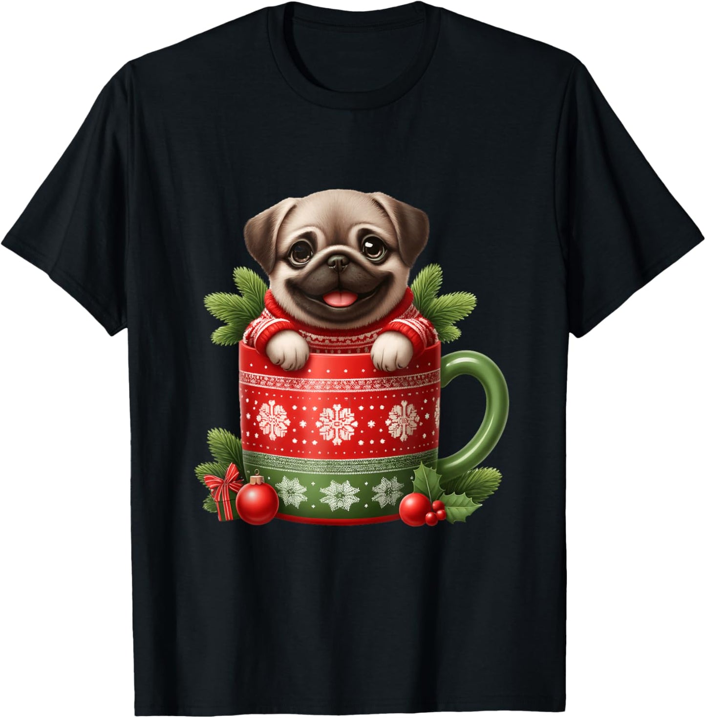 Joyful Pug in Festive Mug Cozy Christmas T-Shirt - T-Shirt | Black