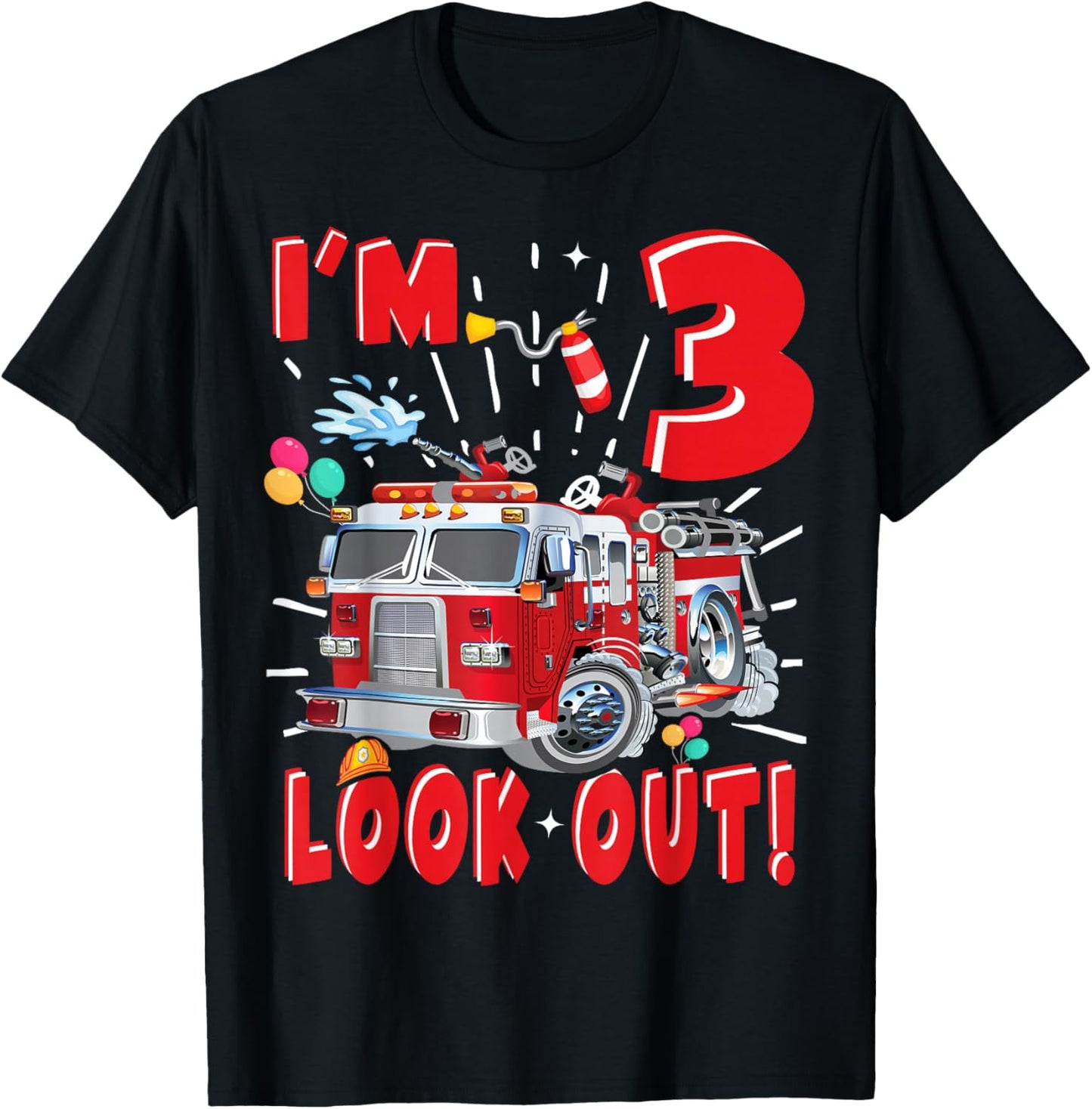 Three 3rd Birthday Fire Truck Boy 3 Year Old Firefighter T-Shirt - T-Shirt | Black