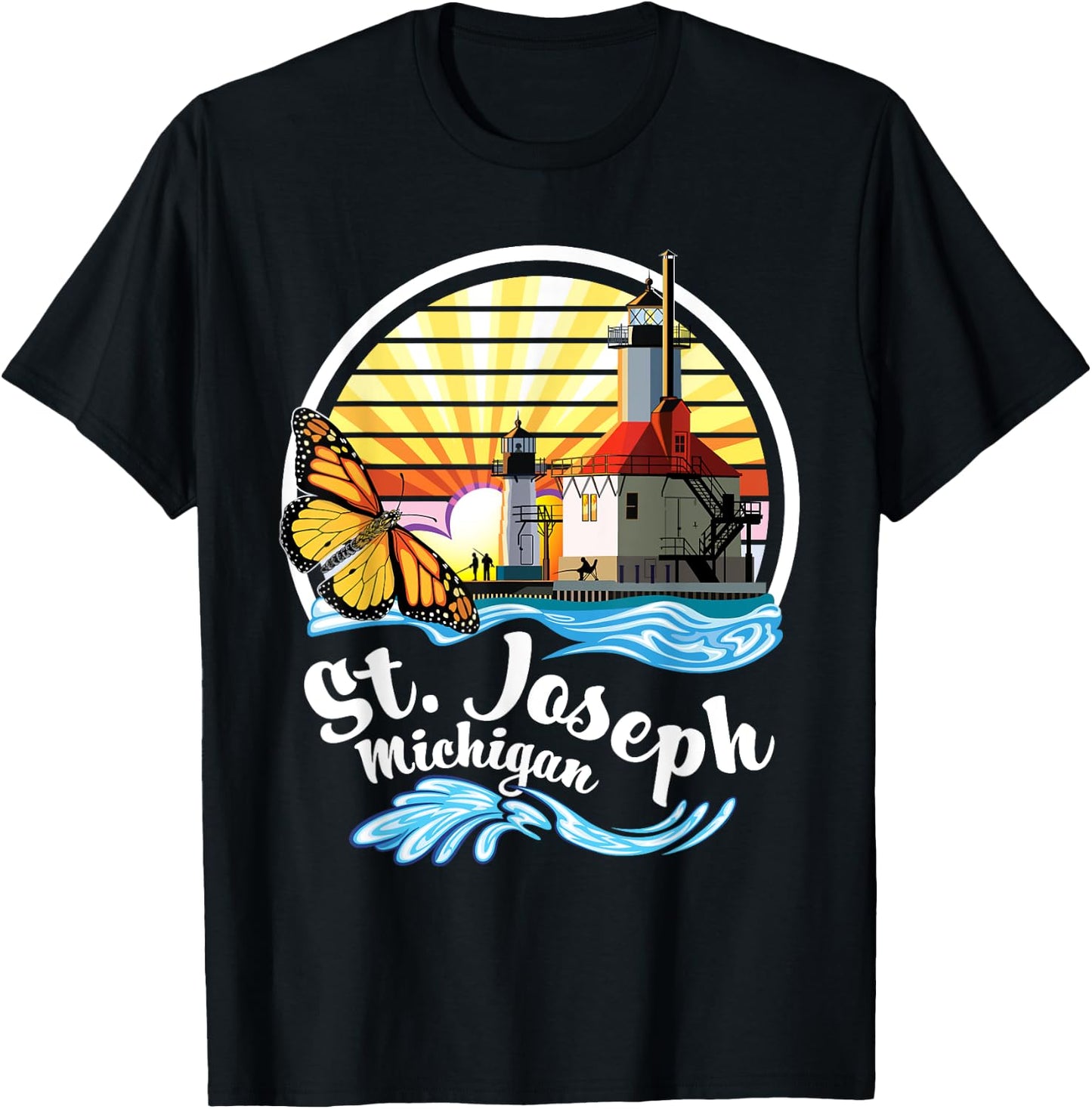St. Joseph MI Lighthouses & Butterfly at Silver Beach Design T-Shirt - T-Shirt | Black