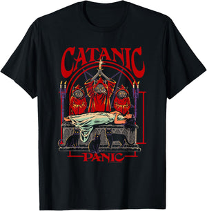 Steven Rhodes Catanic Panic Black Cats Retro Dark Humor T-Shirt - T-Shirt | Black