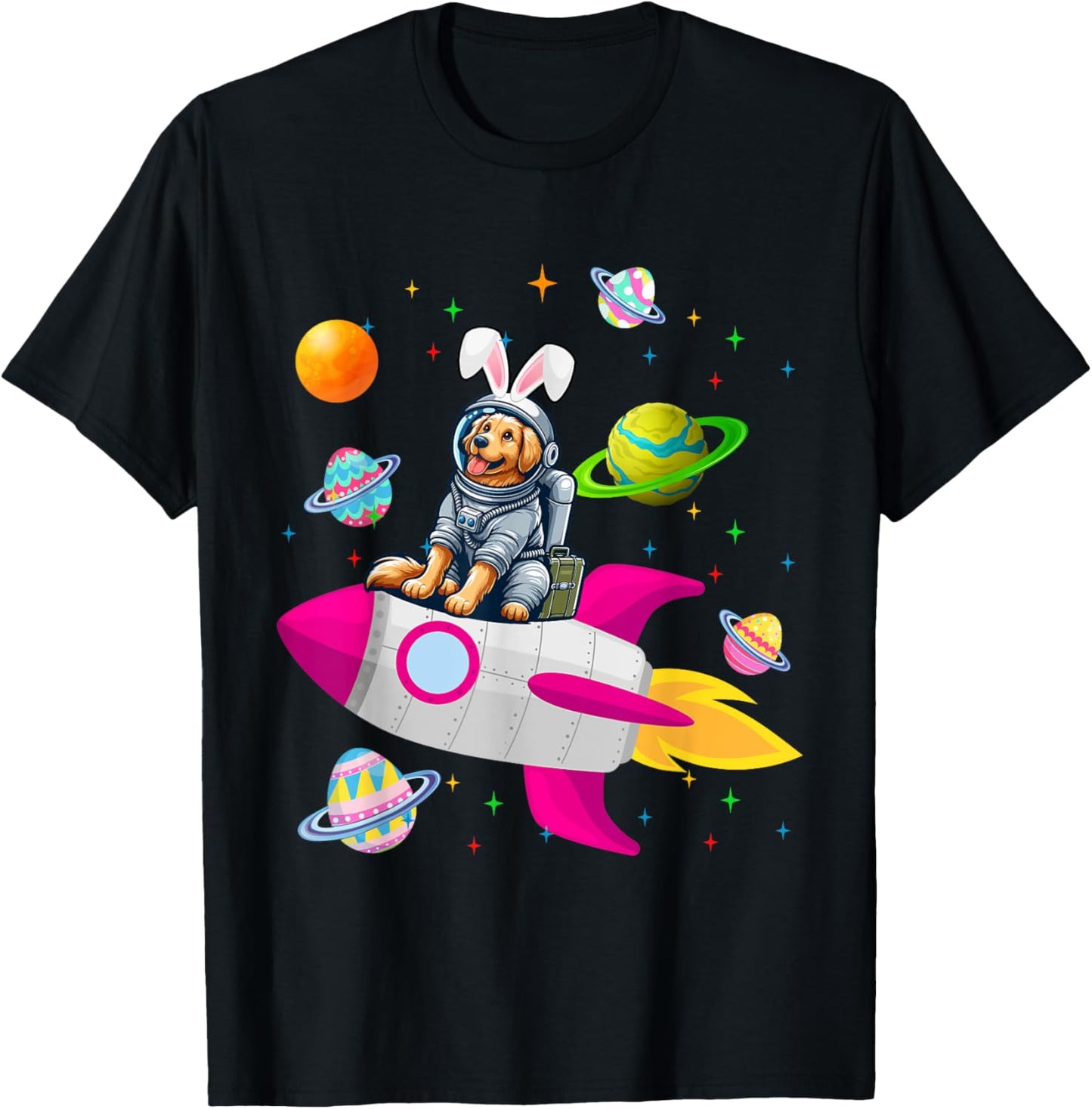Bunny Golden Retriever In Space Planets Easter Dog Owner Women Kids T-Shirt - T-Shirt | Black