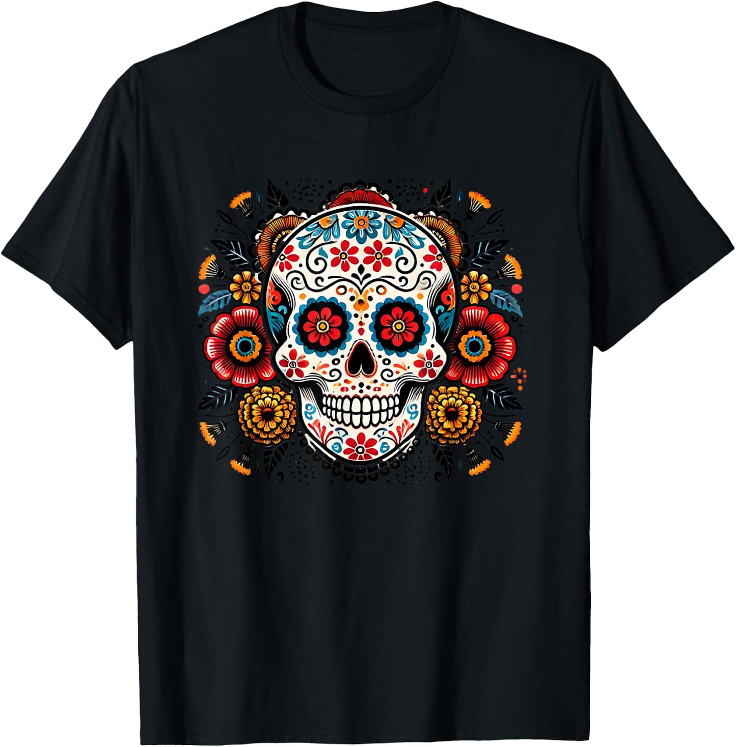 Sugar Skull Floral Art Men Women T-Shirt - T-Shirt | Black