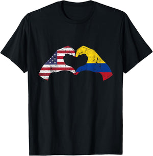 USA Colombia Hand Flag Heart Colombian Americans Love T-Shirt - T-Shirt | Black