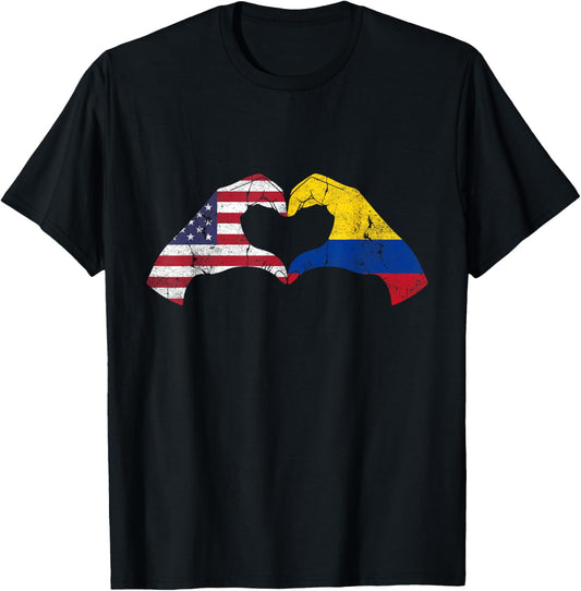 USA Colombia Hand Flag Heart Colombian Americans Love T-Shirt - T-Shirt | Black