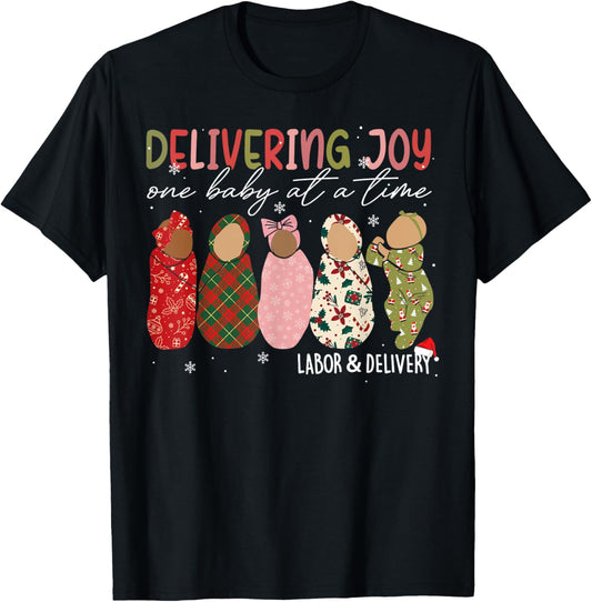 Delivering Joy One Baby At A Time Labor & Delivery Christmas T-Shirt - T-Shirt | Black