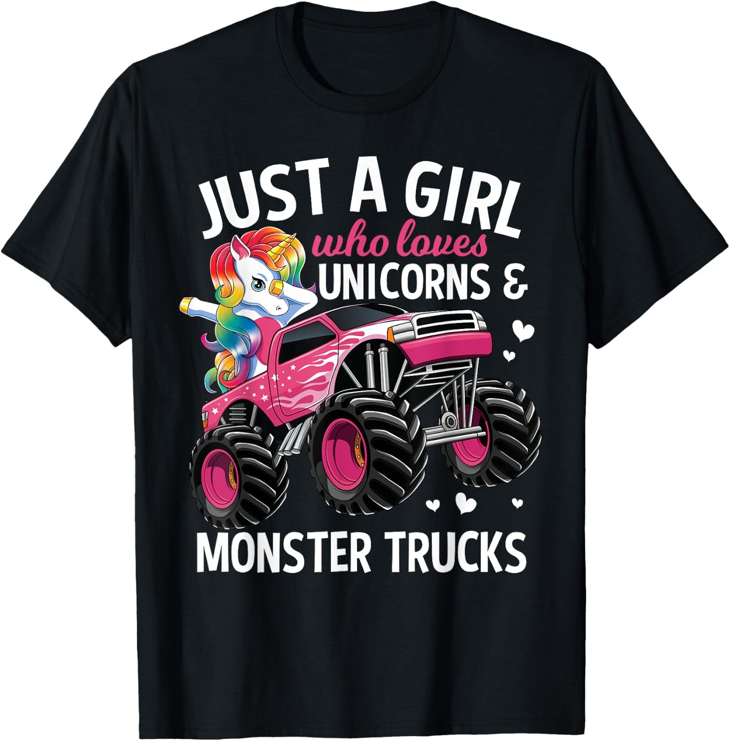 Just A Girl Who Loves Unicorns And Monster Trucks Girls Kids T-Shirt - T-Shirt | Black