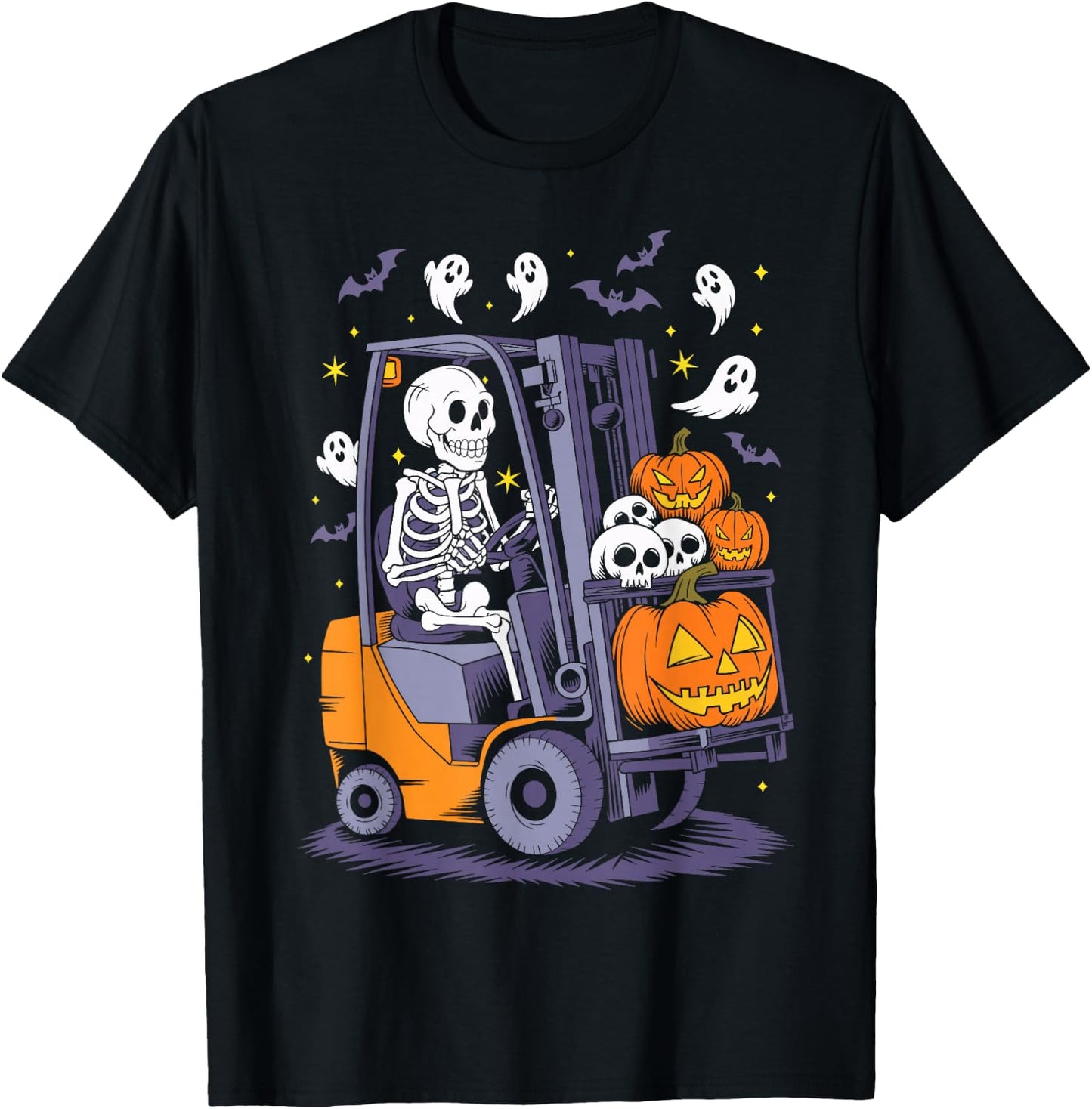Funny Skeleton Forklift Operator Spooky Halloween Costume T-Shirt - T-Shirt | Black