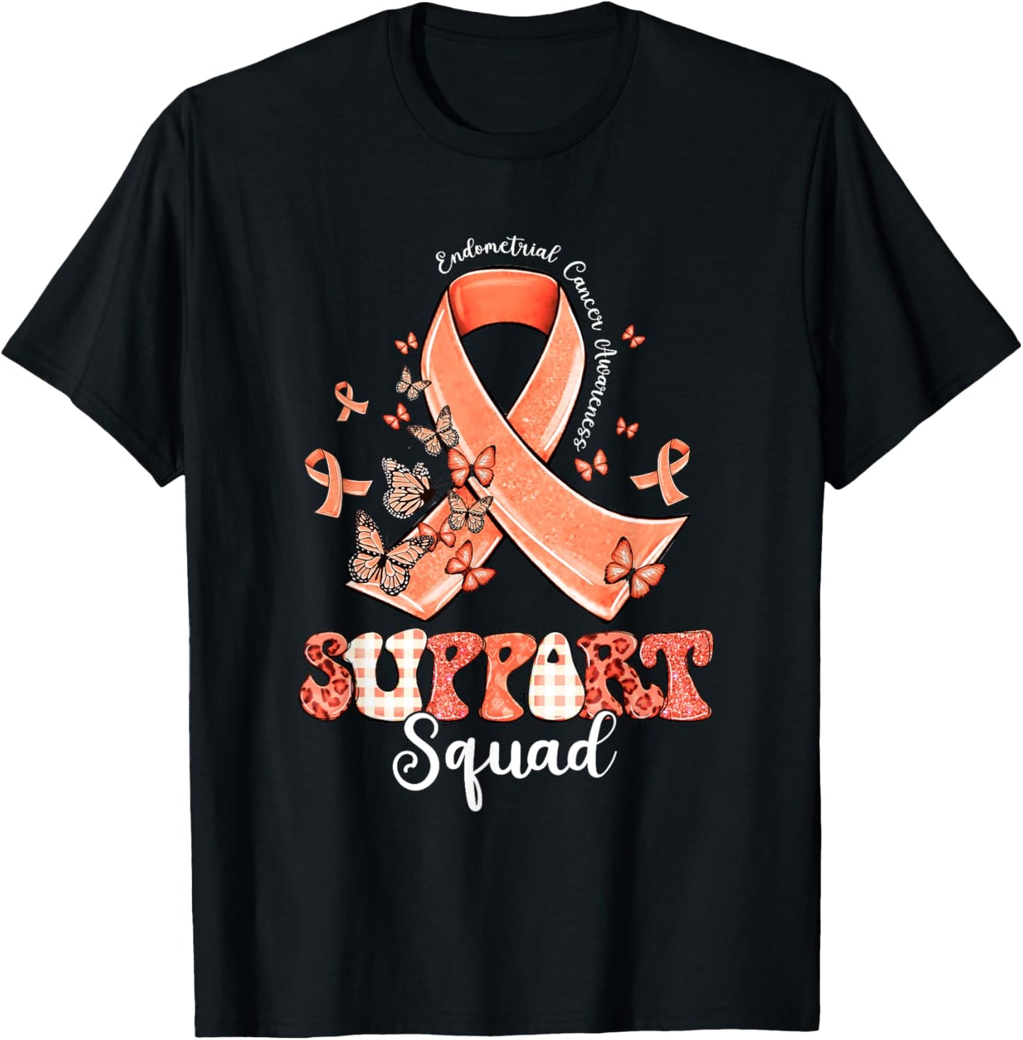 Support Squad Peach Ribbon Butterfly Endometrial Cancer T-Shirt - T-Shirt | Black