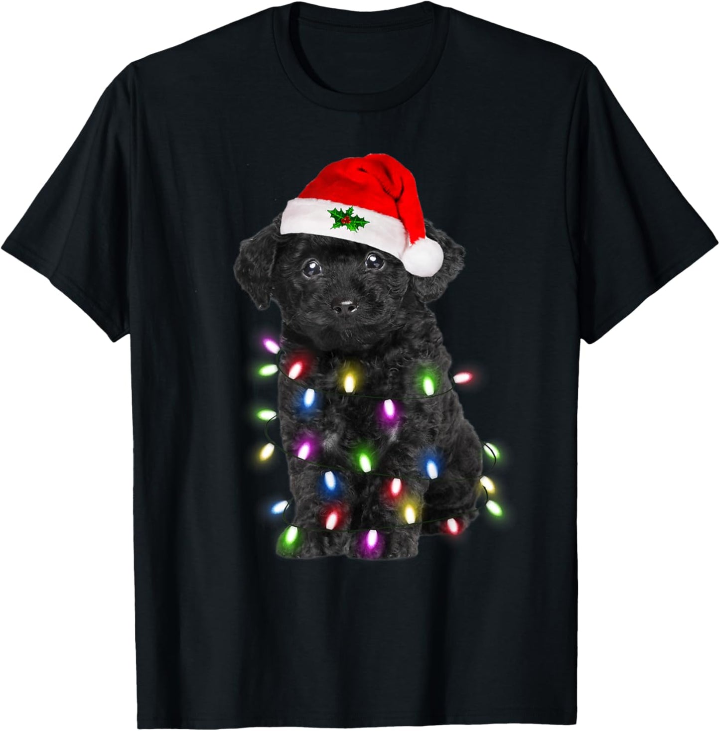 Black Poodle dog Santa Christmas Tree Lights Xmas Boys Dog T-Shirt - T-Shirt | Black