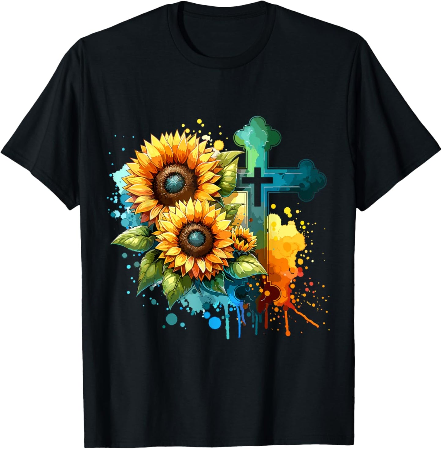 Christian Cross and Sunflowers T-Shirt - T-Shirt | Black