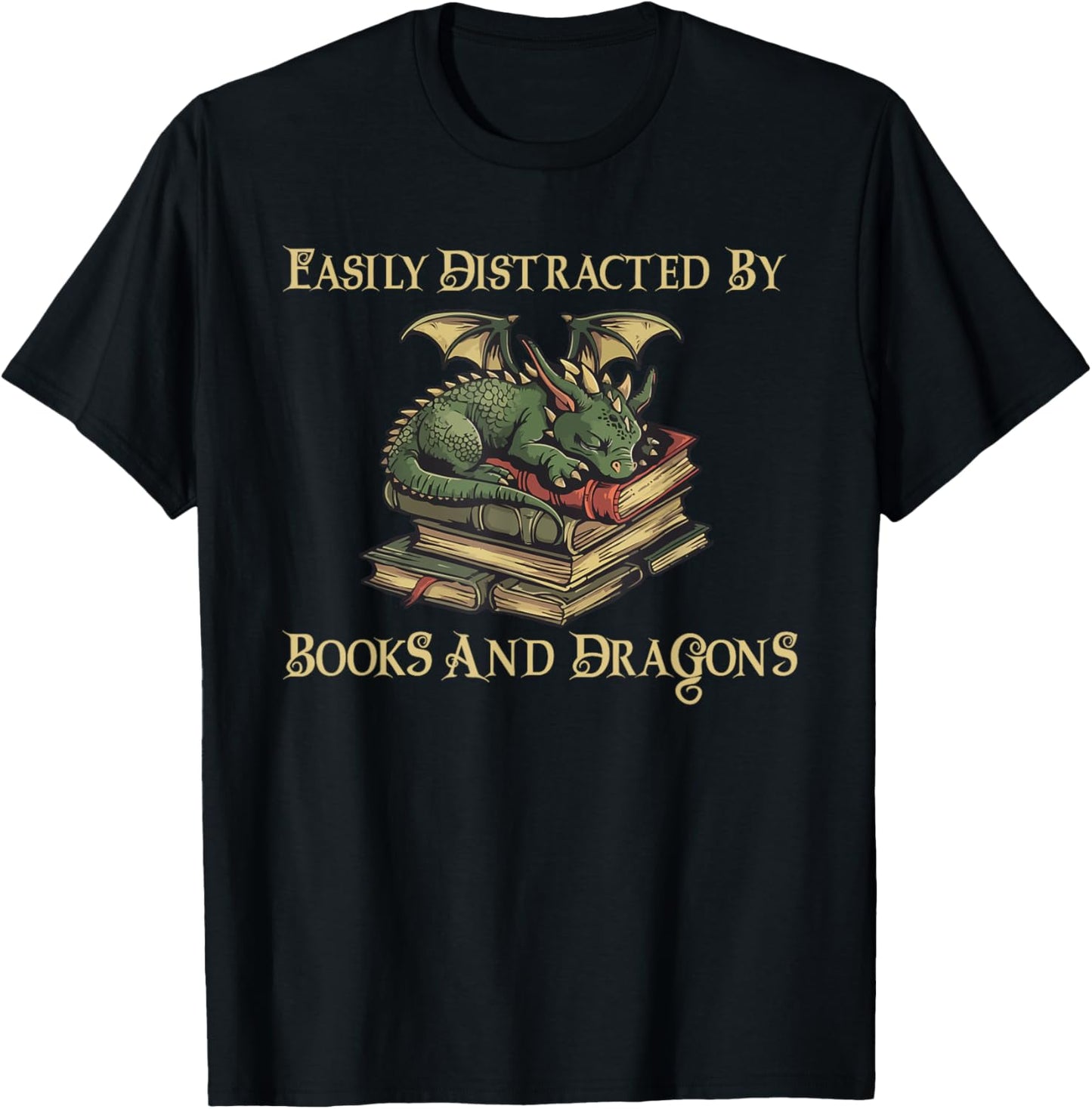 Easily Distracted By Books And Dragons Graphic T-Shirt - T-Shirt | Black