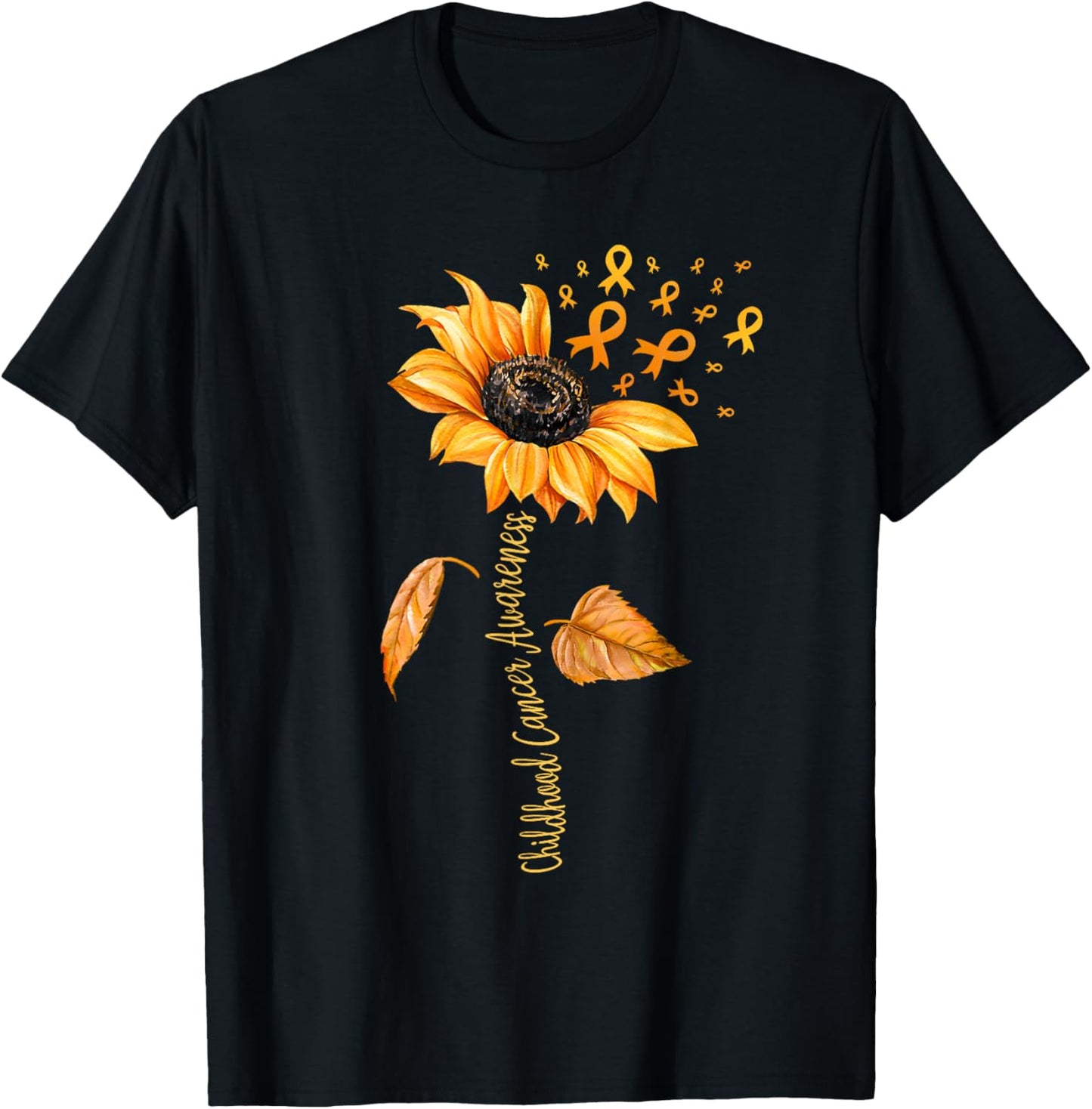 Support Childhood Cancer Awareness Sunflower Gold Ribbon T-Shirt - T-Shirt | Black