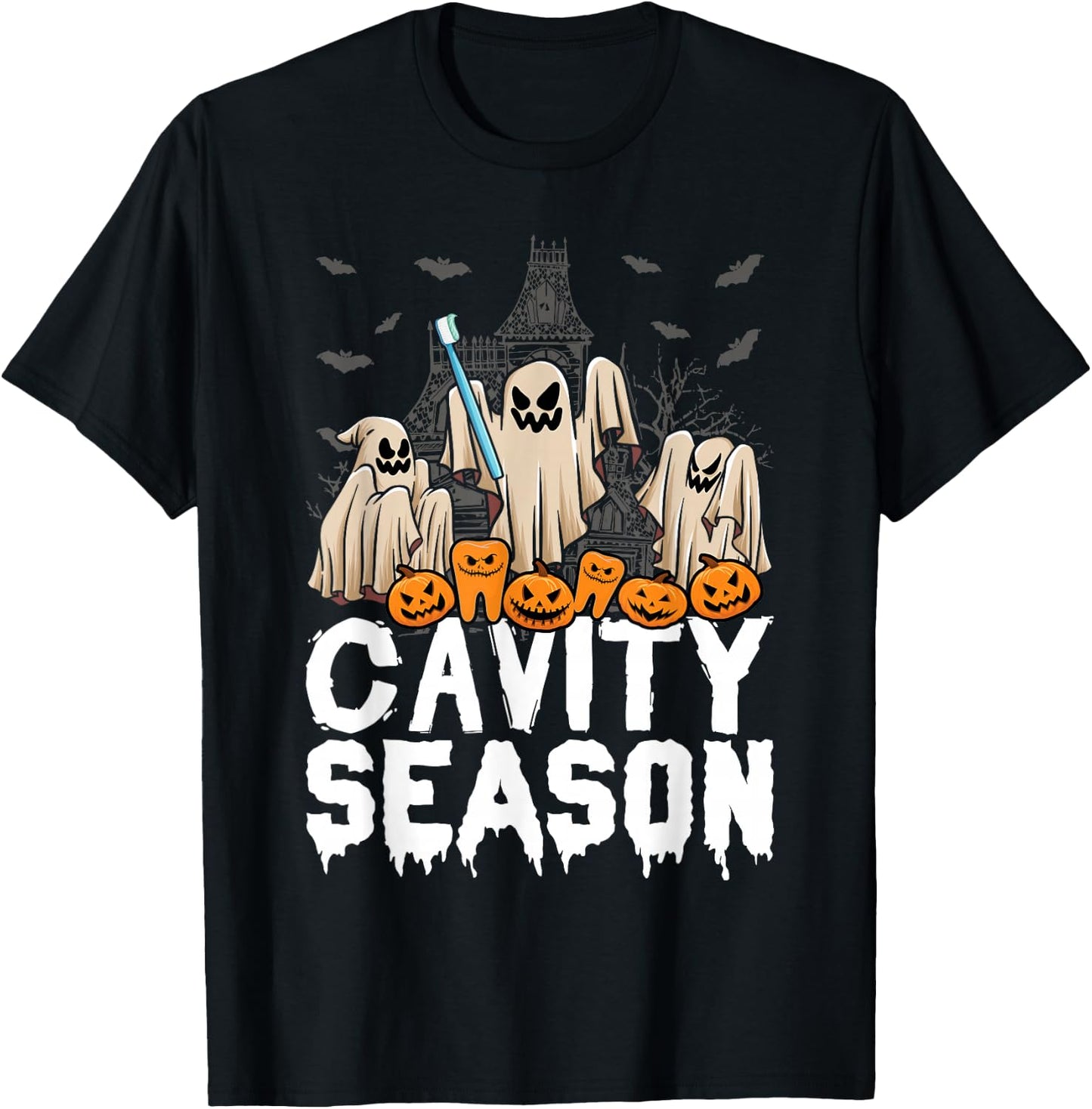 Cavity Season Halloween Funny Dental Ghosts And Toothbrush T-Shirt - T-Shirt | Black