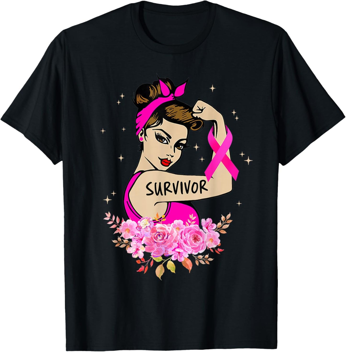 Breast Cancer Survivor Rosie Riveter Pink Awareness Women T-Shirt - T-Shirt | Black