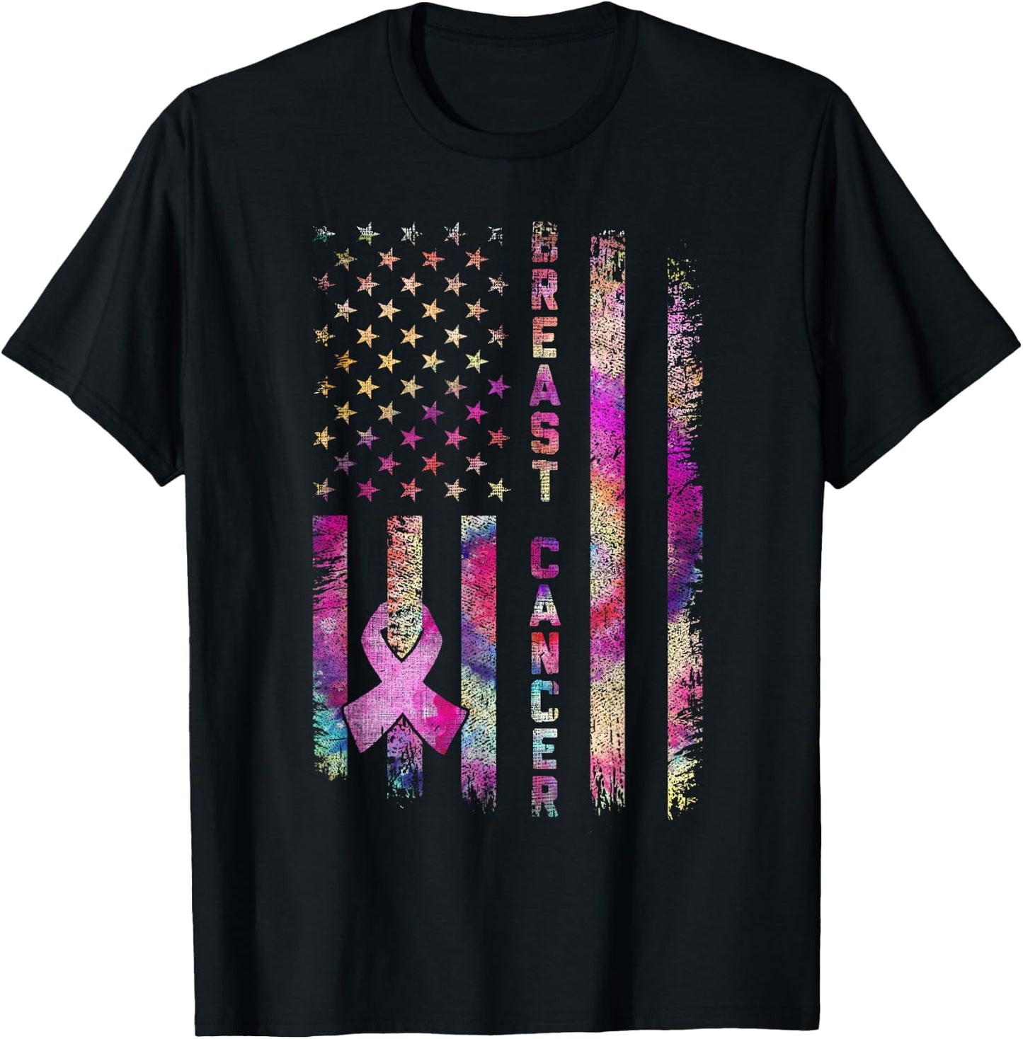 American Flag Breast Cancer Awareness Support Tie Dye T-Shirt - T-Shirt | Black