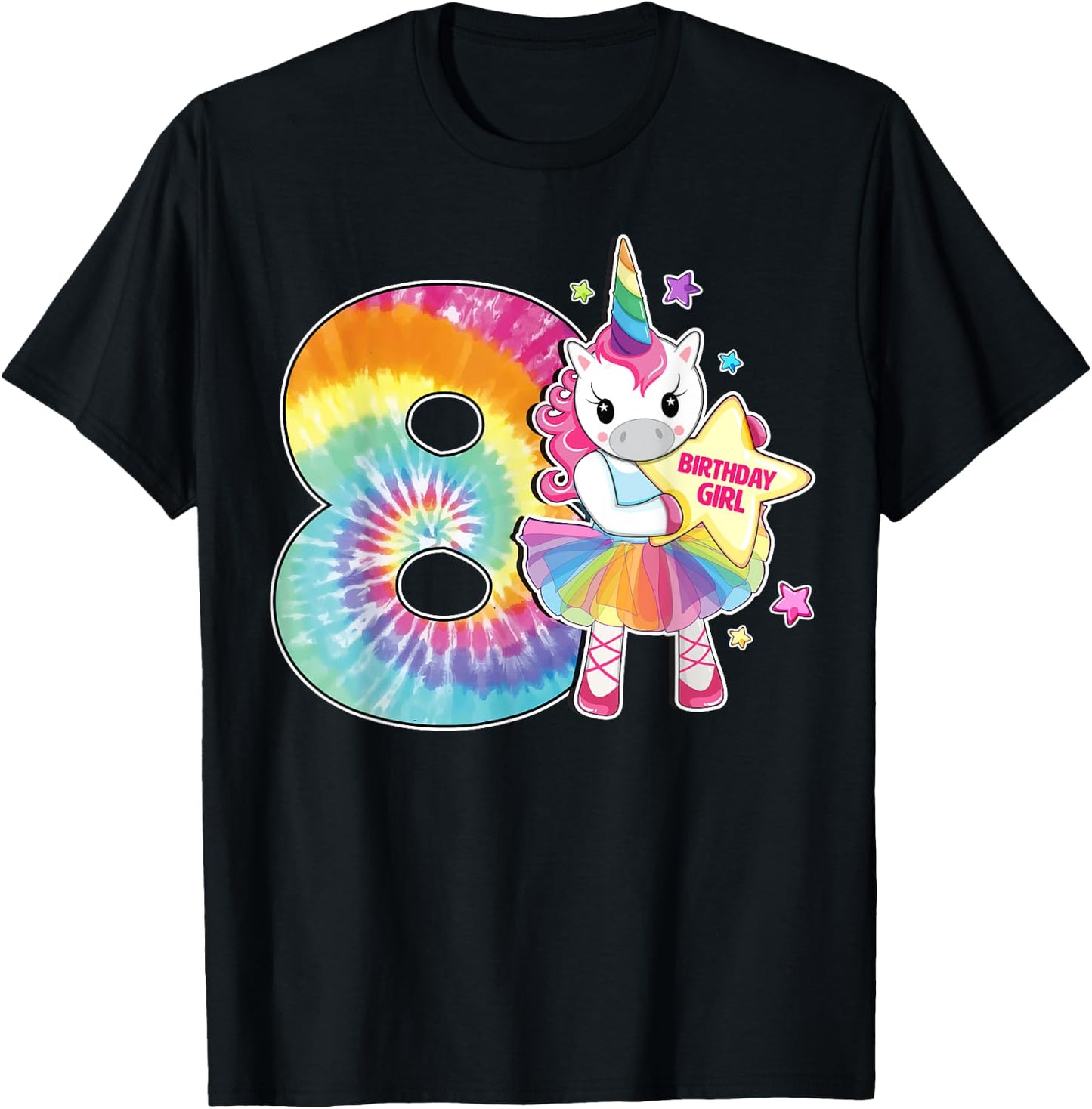 8th Birthday Unicorn Shirt Gift Girls Age 8 Tie Dye T-Shirt - T-Shirt | Black