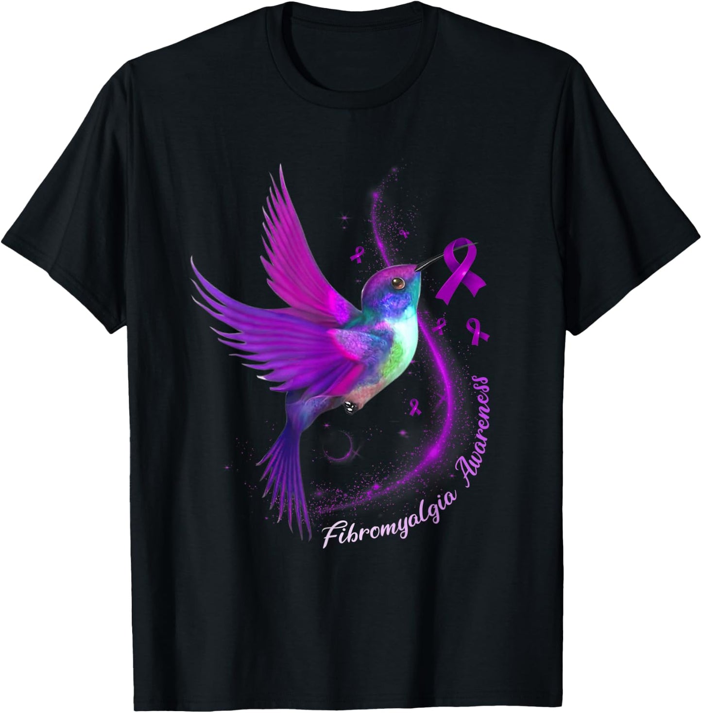 Purple Ribbon Hummingbird Fibromyalgia Awareness Month T-Shirt - T-Shirt | Black