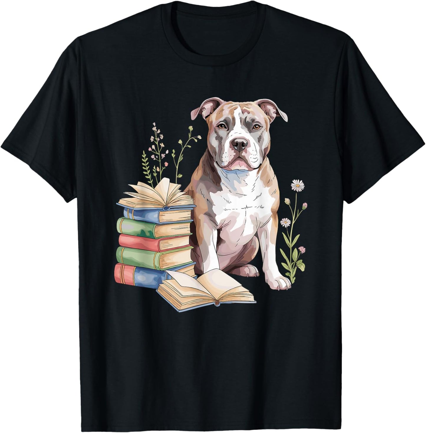 American Pit Bull Terrier Pittie Books Reading Flowers Book T-Shirt - T-Shirt | Black