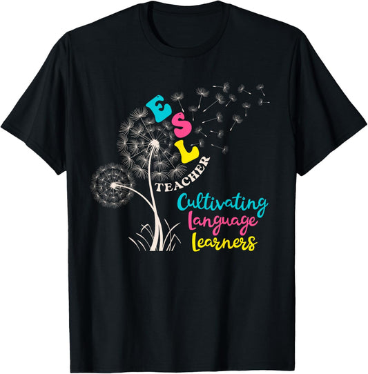 Funny Teach Multilingual Learners ESOL Dandelion Cute ESL Teacher English as a Second Language Retro Floral Short Sleeve for ESL Teachers, Kids, , Black, Small T-Shirt - T-Shirt | Black