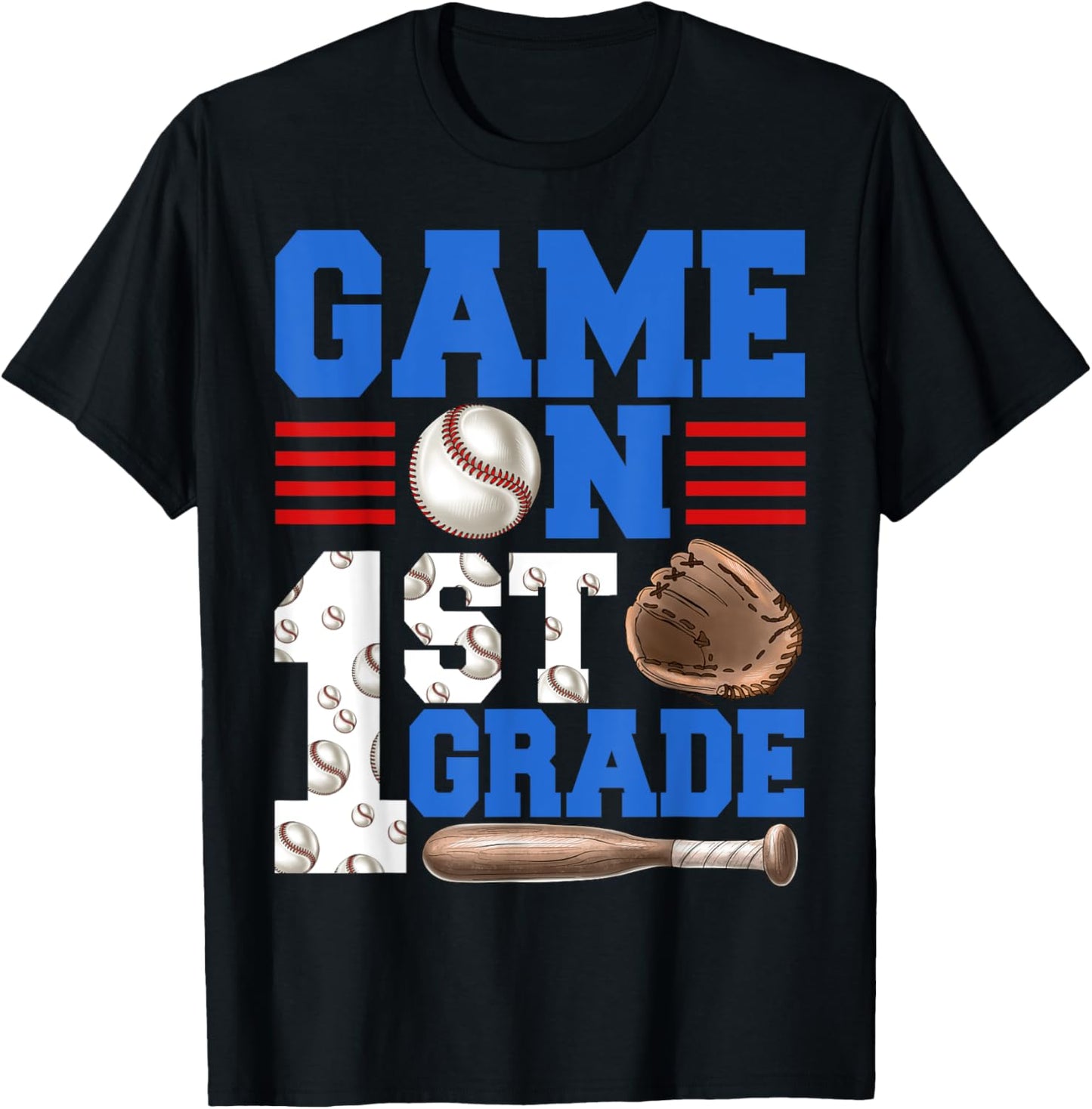 Game On 1st Grade With Baseball Player First Day Of School T-Shirt - T-Shirt | Black