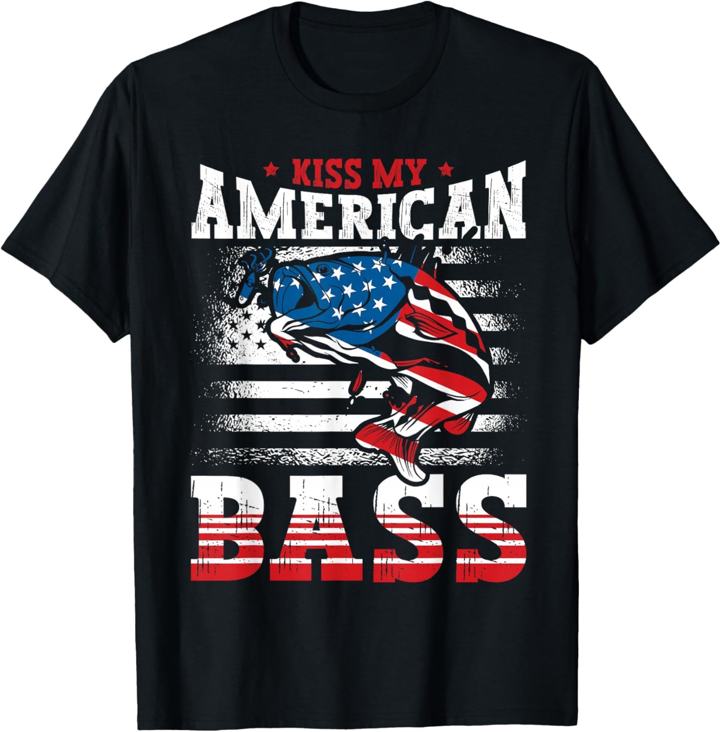 Kiss My American Bass Fishing USA Flag 4th of July Patriotic T-Shirt - T-Shirt | Black