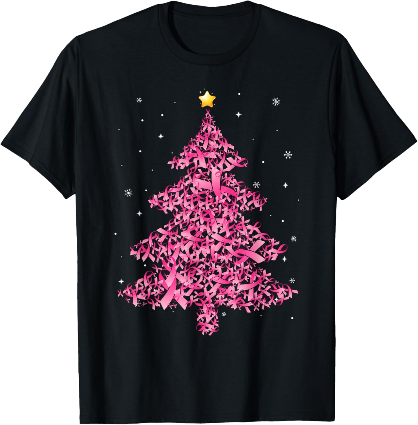 Breast Cancer Christmas Santa Hat Pink Ribbon Xmas Tree T-Shirt - T-Shirt | Black