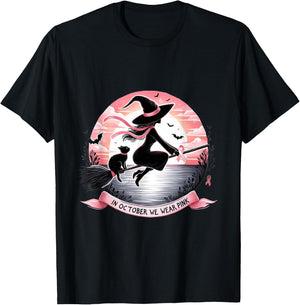 Witch In October We Wear Pink Ribbon Breast Cancer Awareness T-Shirt - T-Shirt | Black