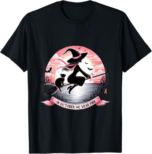 Witch In October We Wear Pink Ribbon Breast Cancer Awareness T-Shirt - T-Shirt | Black