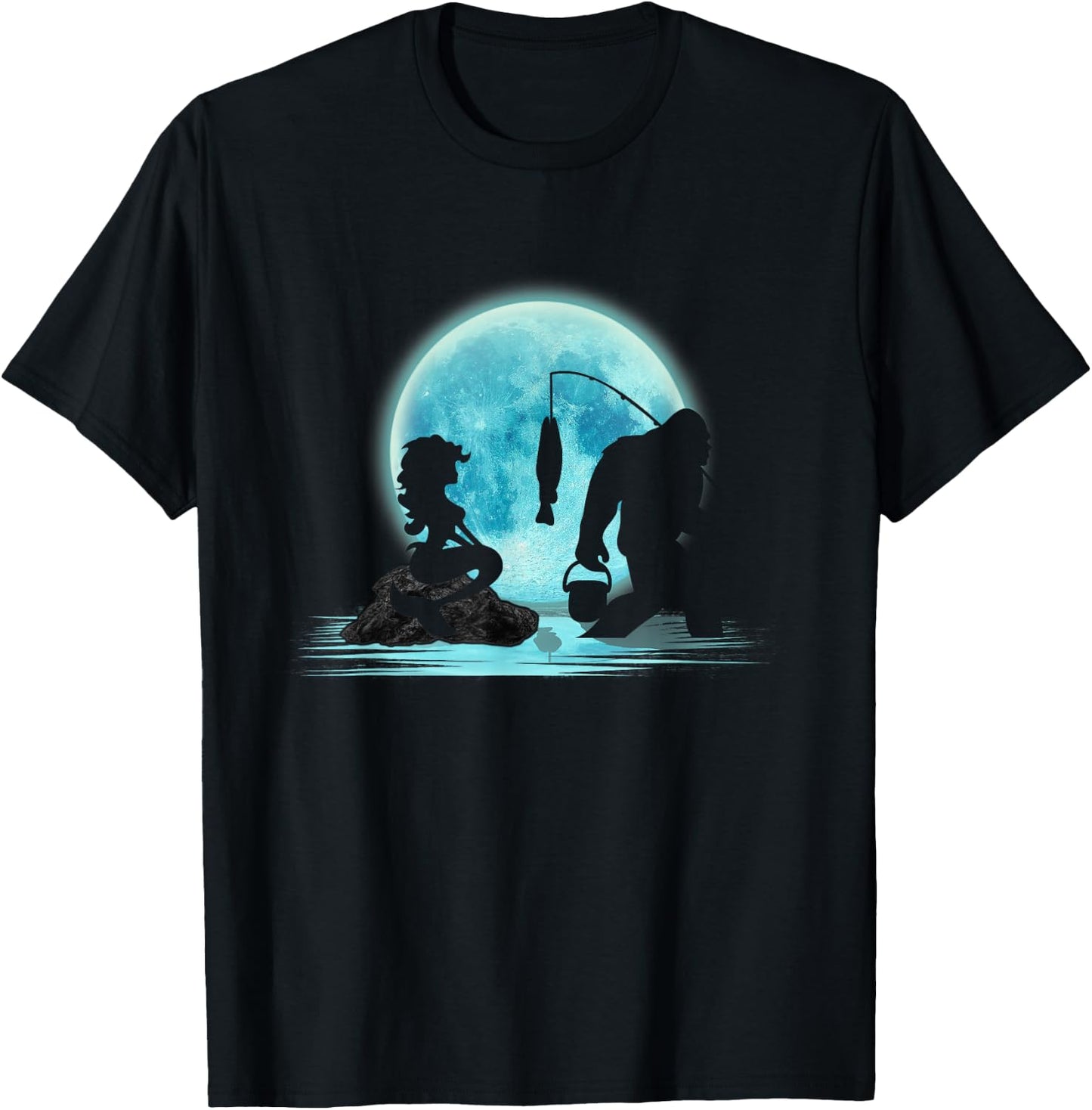 Bigfoot Fishing with Mermaid Funny Sasquatch Fish under Moon T-Shirt - T-Shirt | Black