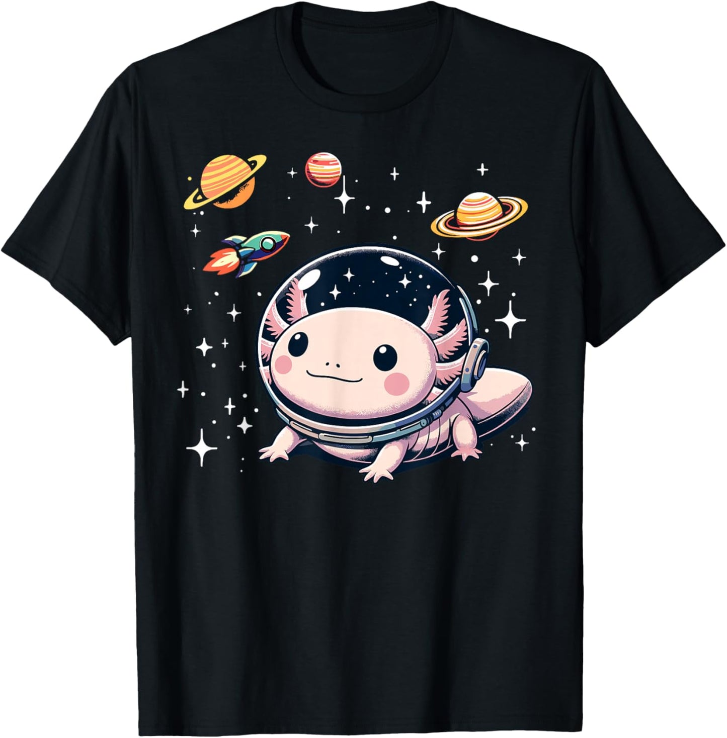 Axolotl Kawaii Cute Axolotls Astronaut Planets Space T-Shirt - T-Shirt | Black