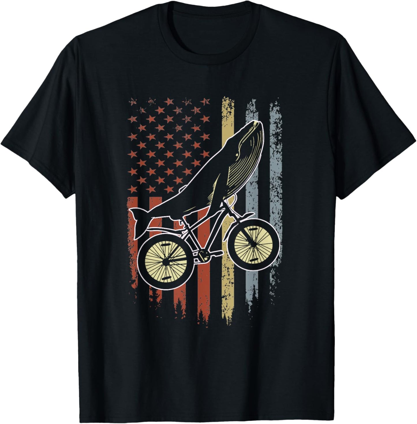 Whale Riding Bicycle Vintage USA FLag Mountain Biking Whale T-Shirt - T-Shirt | Black