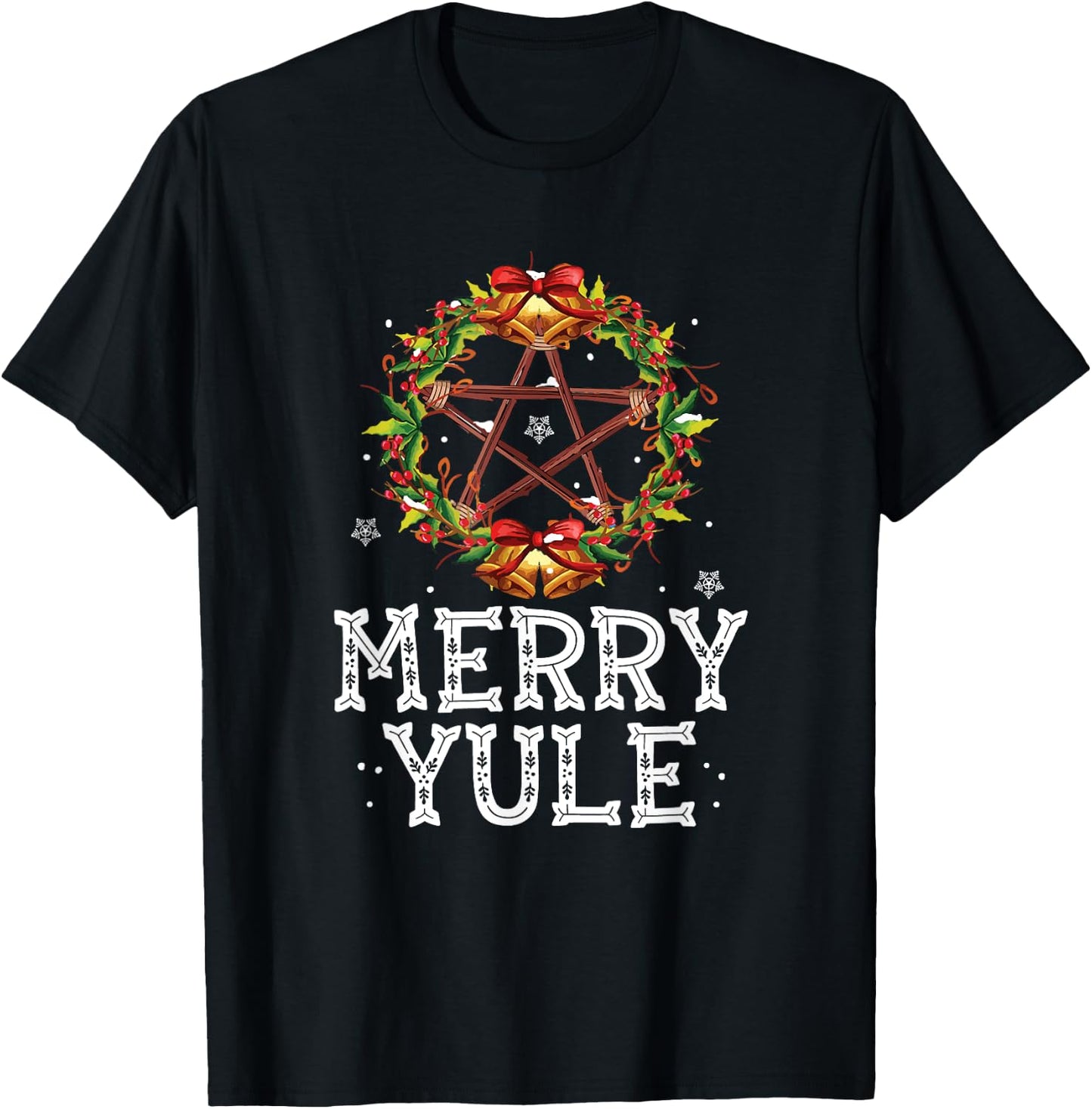 Merry Yule Winter Solstice Holly Pentagram Gift T-Shirt - T-Shirt | Black