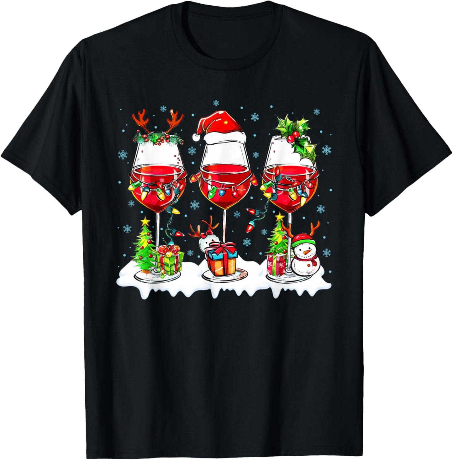 Wine Glass Santa Hat Xmas Funny Christmas 2025 Men Women T-Shirt - T-Shirt | Black
