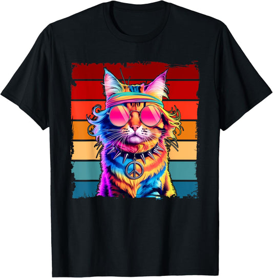 Psychedelic Peace Cat Colorful Hippie Retro Groovy Vibes Men Women Kids T-Shirt - T-Shirt | Black