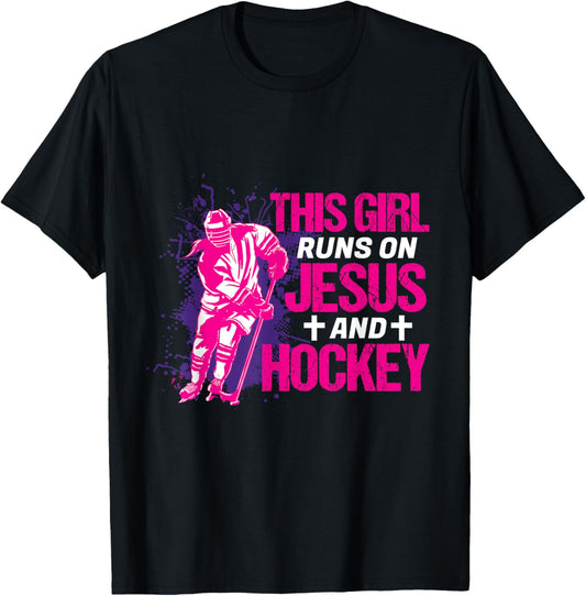 This Girl Runs On Jesus And Hockey I Hockey Player T-Shirt - T-Shirt | Black