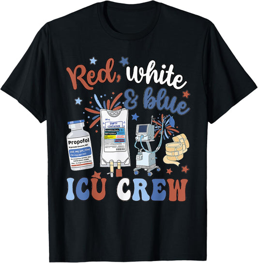 Icu Nurse 4th July Independence Day Red White Blue Icu Crew T-Shirt - T-Shirt | Black