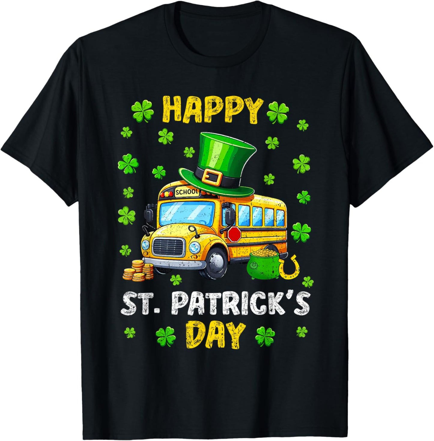 Vintage Happy St. Patrick's Day School Bus Shamrocks Driver T-Shirt - T-Shirt | Black