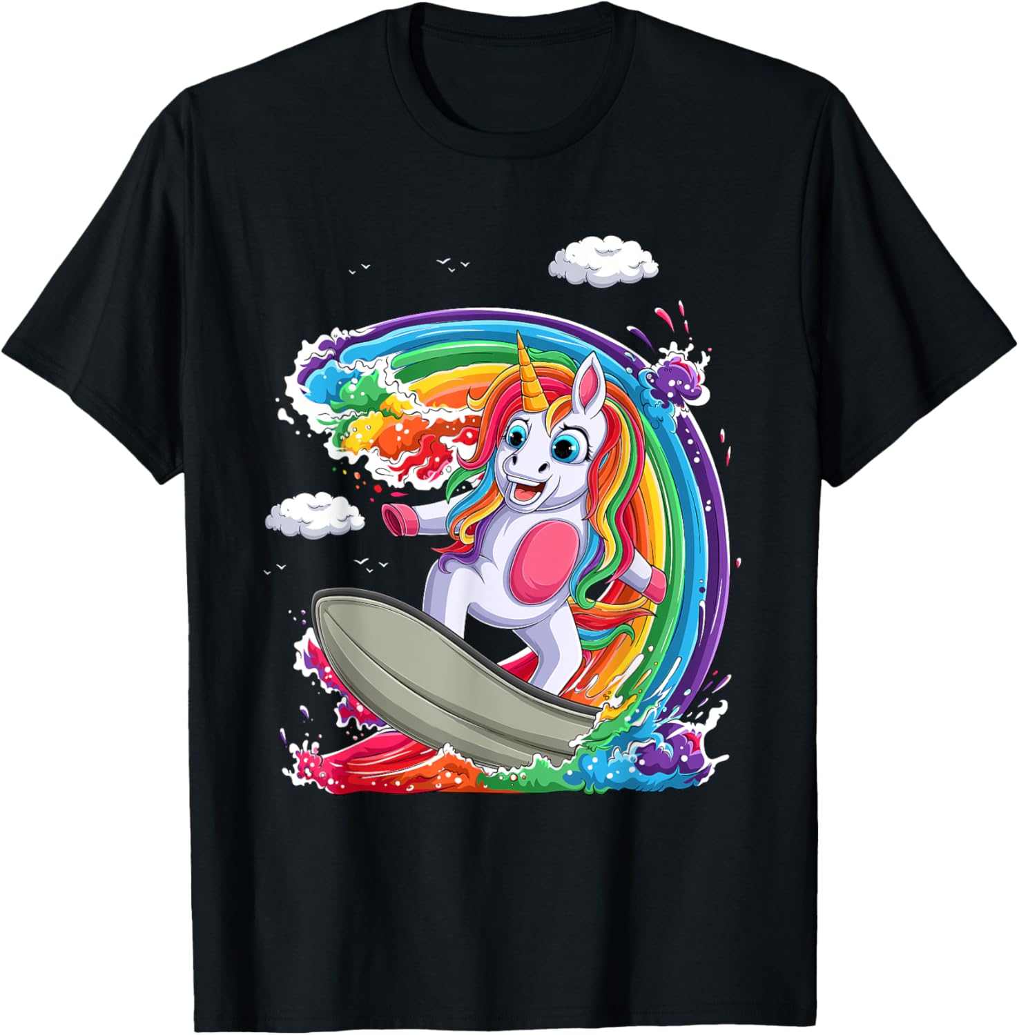 Cute Unicorn Girls Women Unicorn Surfing on Rainbow Wave T-Shirt - T-Shirt | Black