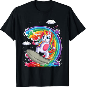Cute Unicorn Girls Women Unicorn Surfing on Rainbow Wave T-Shirt - T-Shirt | Black