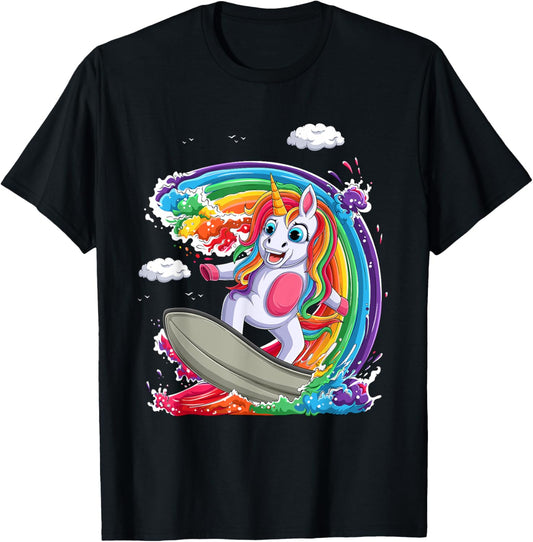 Cute Unicorn Girls Women Unicorn Surfing on Rainbow Wave T-Shirt - T-Shirt | Black